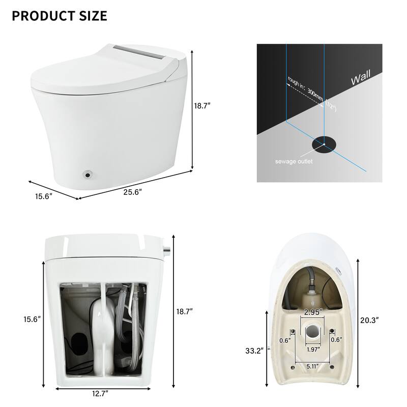 Smart Toilet with Heated Seat One Piece Elongated. Dual Flush 1.0 1.28 GPF. Foot Sensor Flush. Night Light