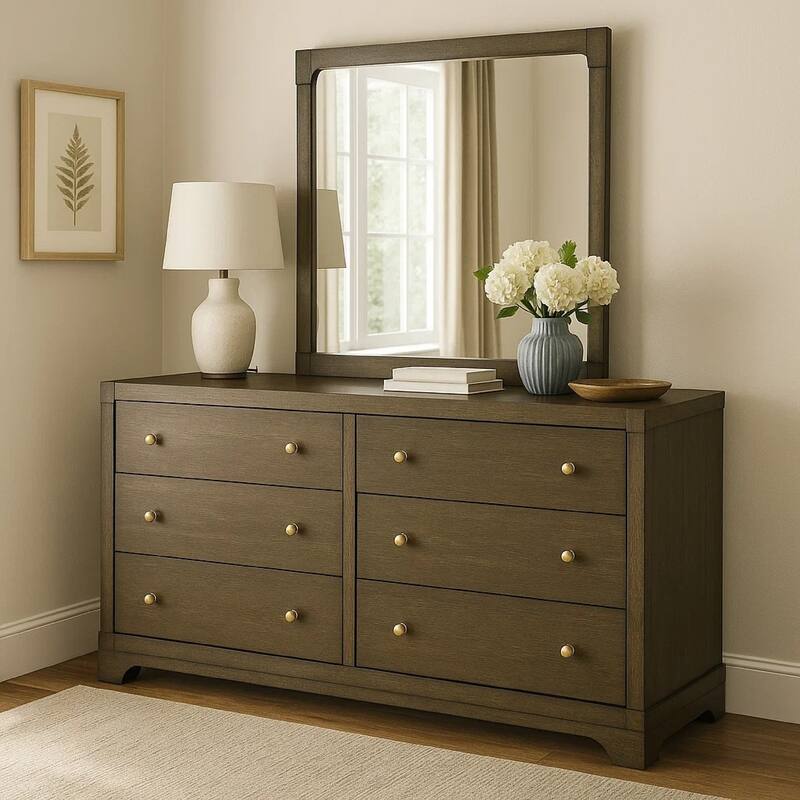 Seon Wide Dresser with Mirror, 6 Drawers, Cocoa Brown, Brass Knobs