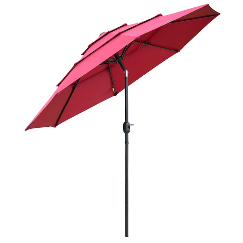 9FT 3 Tiers Patio Umbrella Outdoor Market Umbrella with Crank, Push Button Tilt for Deck, Backyard and Lawn, Wine Red - Red