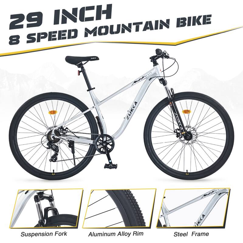 29 Inch Wheels All-Terrain Road Bicycle, 8 Speed Mountain Bike with Suspension Fork & Double Disc Brakes, Steel Frame for Teens