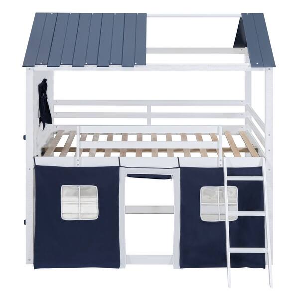 slide 2 of 33, Full over Full House Bunk Bed,Wood Bed with Windows and Tent Design Blue+White