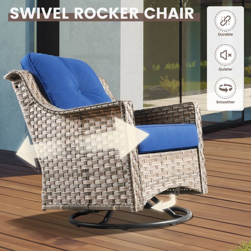 OVIOS 10 Pieces Outdoor Wicker Swivel Chair Set With Solar-Powered Coffee Table