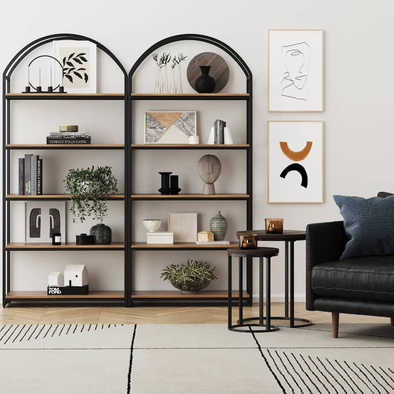Nathan James Haven 5-Shelf Etagere Bookshelf with Arch Top - Oak/Black Set of 2