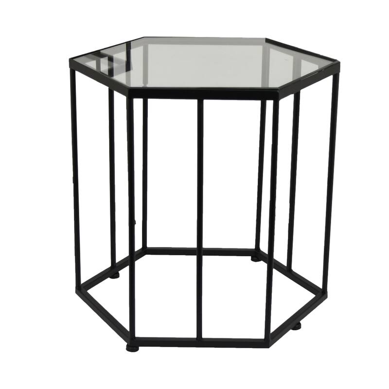 Kellie Plant Stand Table Set of 3, Black Metal, Hexagon Glass Tops