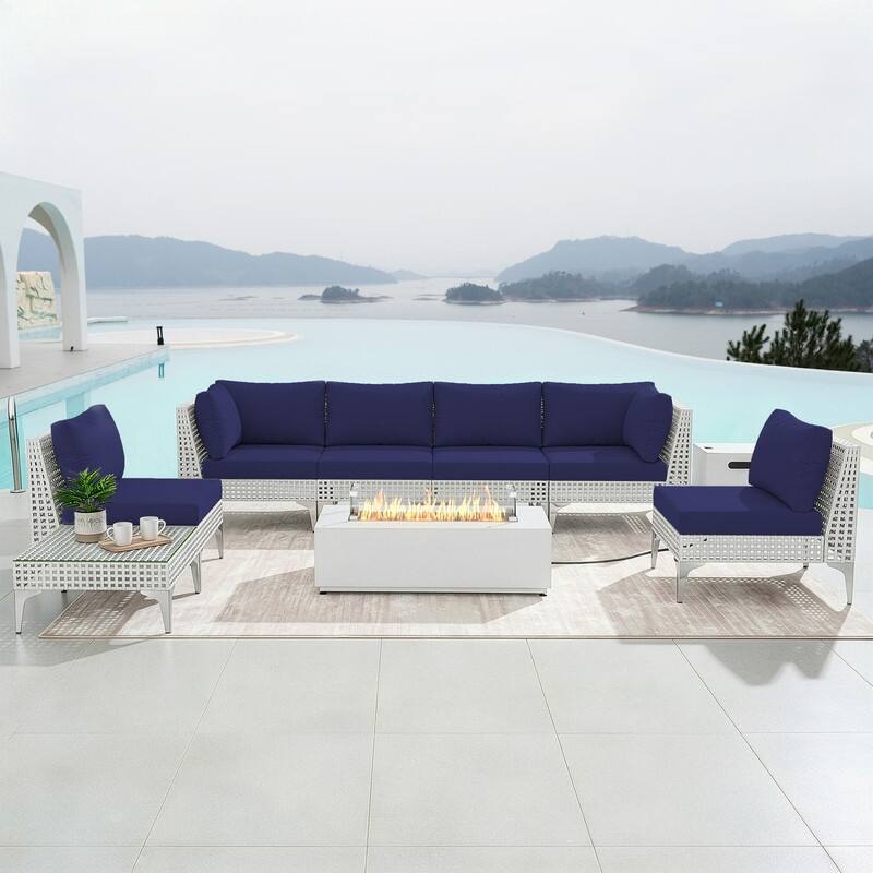 FINCATI Oversized Outdoor Furniture with Rectangular Fire Pit Table, 9-piece Luxurious High-back Patio Wicker Conversation Set - Navy Blue