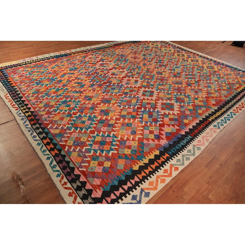 Geometric Kilim Oriental Area Rug Hand-Woven Tribal Orange Wool Carpet - 10'1"x 12'11"