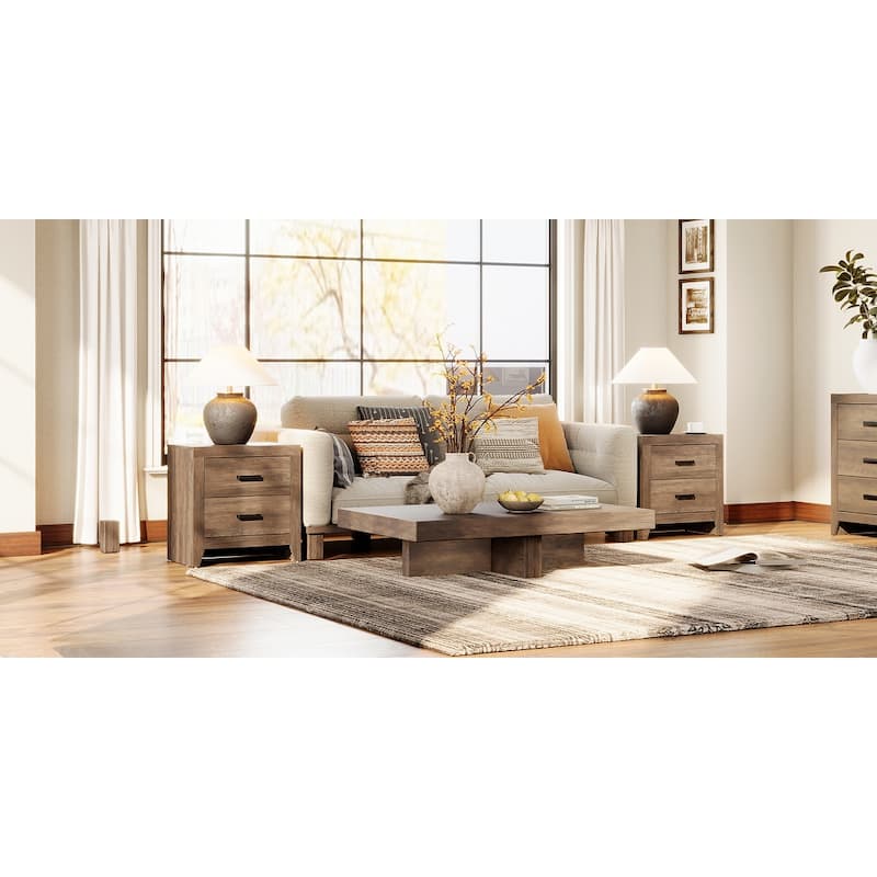 WAMPAT Farmhouse End Table with 2 Storage Drawers - Rustic Brown Accent Table for Bedroom & Living Room