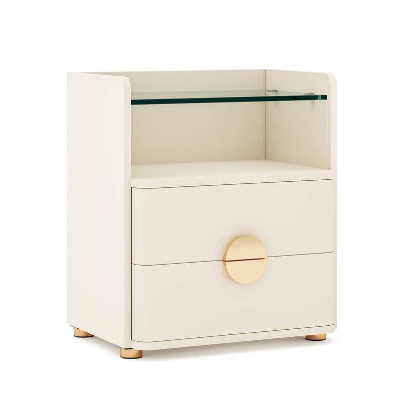 19.68" 2-Drawer Nightstand with Tempered Glass Top & Open Shelf - Wood Bedside Table with Gold Metal Legs, Stylish End Table
