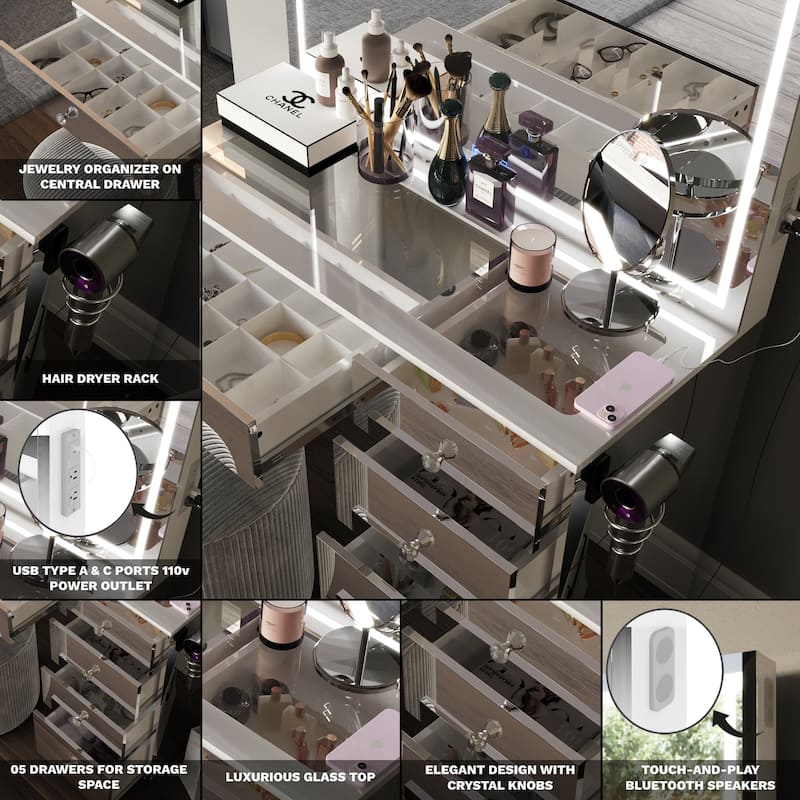 Boahaus Emilia Vanity Desk with Bluetooth Speakers & LED Mirror