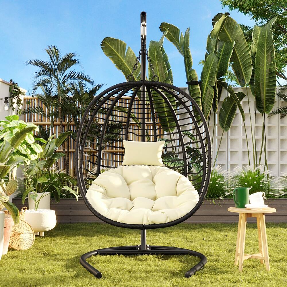 Single Person Folding Wicker Hammock Swing Chair with Adjustable Anti-Slip Feet