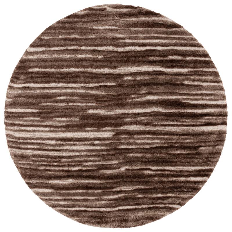 SAFAVIEH Seattle Thorun Shag Modern Striped 1-inch Thick Rug - 6'7" Round - Brown/Ivory
