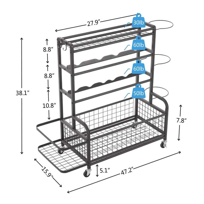 Mieres Garage Sports Equipment Organizer, 4-Tier Metal Storage Organizer, Ball Storage Cart with Baskets and Hooks for Indoor