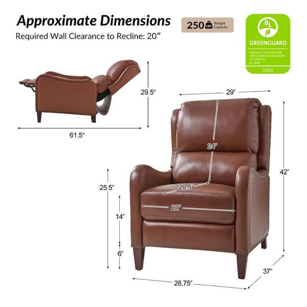 dimension image slide 9 of 19, HULALA HOME Brigida Cigar Genuine Leather Manual Recliner with Nailhead Trim