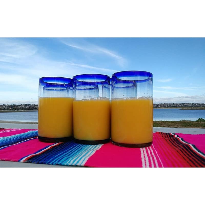 Dos Sueños Hand Blown Mexican Drinking Glasses - Set of 6 Glasses with Cobalt Blue Rims (14 oz each)
