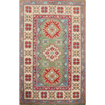 Green Geometric Kazak Oriental Foyer Rug Hand-Knotted Wool Carpet - 2'8" x 4'0"