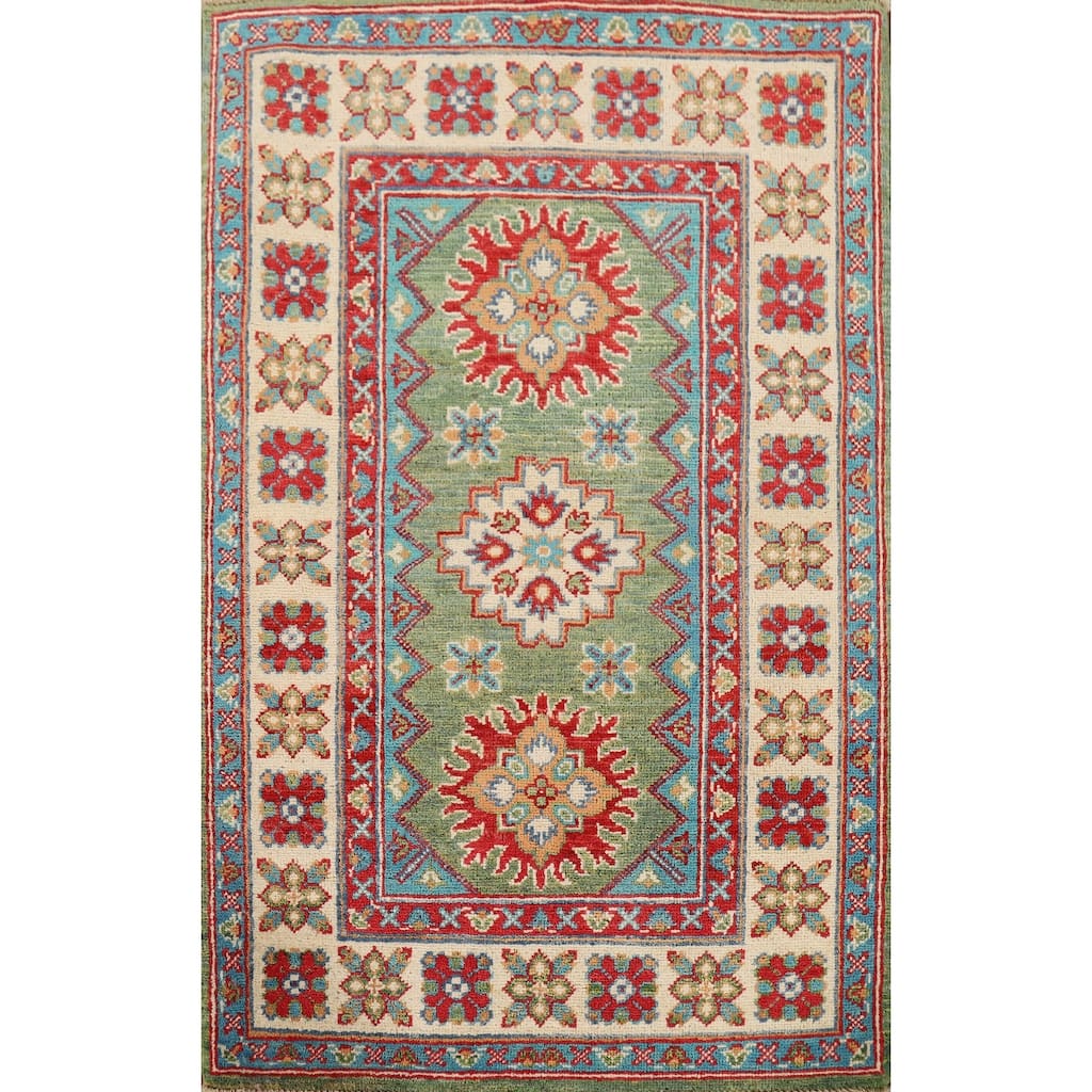 Green Geometric Kazak Oriental Foyer Rug Hand-Knotted Wool Carpet - 2'8" x 4'0"