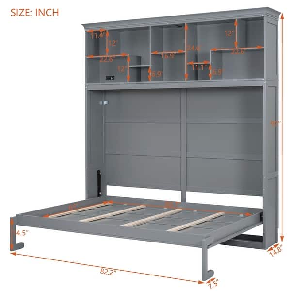 dimension image slide 1 of 3, Murphy Bed Wall Bed with Top Shelves & USB