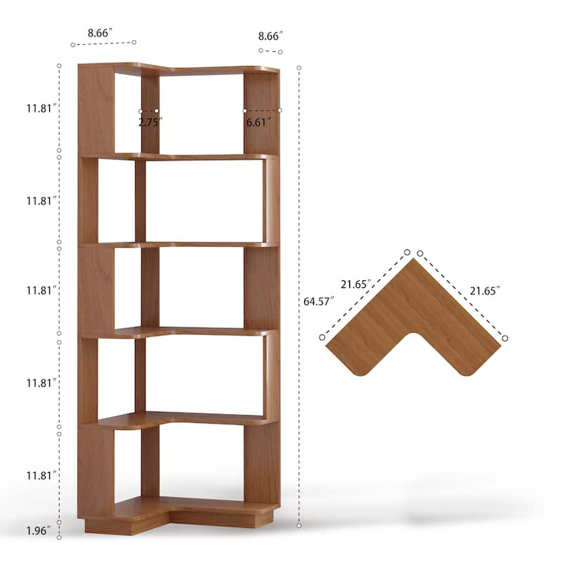 6 Tier Freestanding L-Shaped Corner Bookshelf For Living Room, Bedroom, Wooden Bookcase with anti tipping device