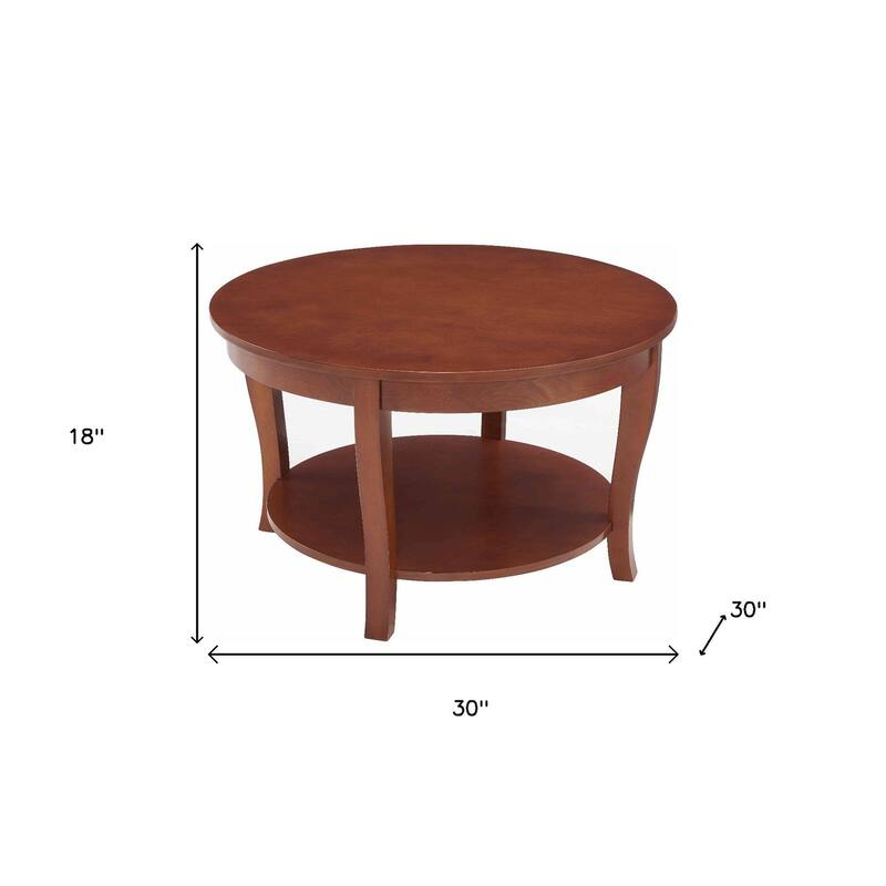 HomeRoots 30" Walnut Wood Round Coffee Table With Shelf - 30.00 in. x 18.00 in. x 30.00 in.