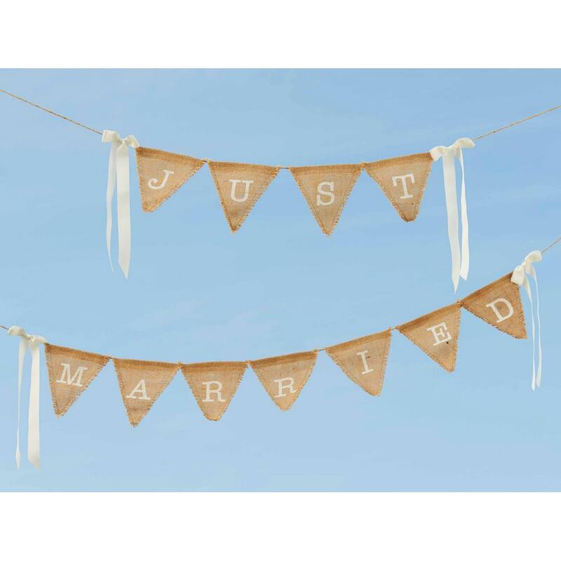 Mud Pie Wedding Decor Just Married Pennants Printed Burlap Banner 45 Inch - Brown