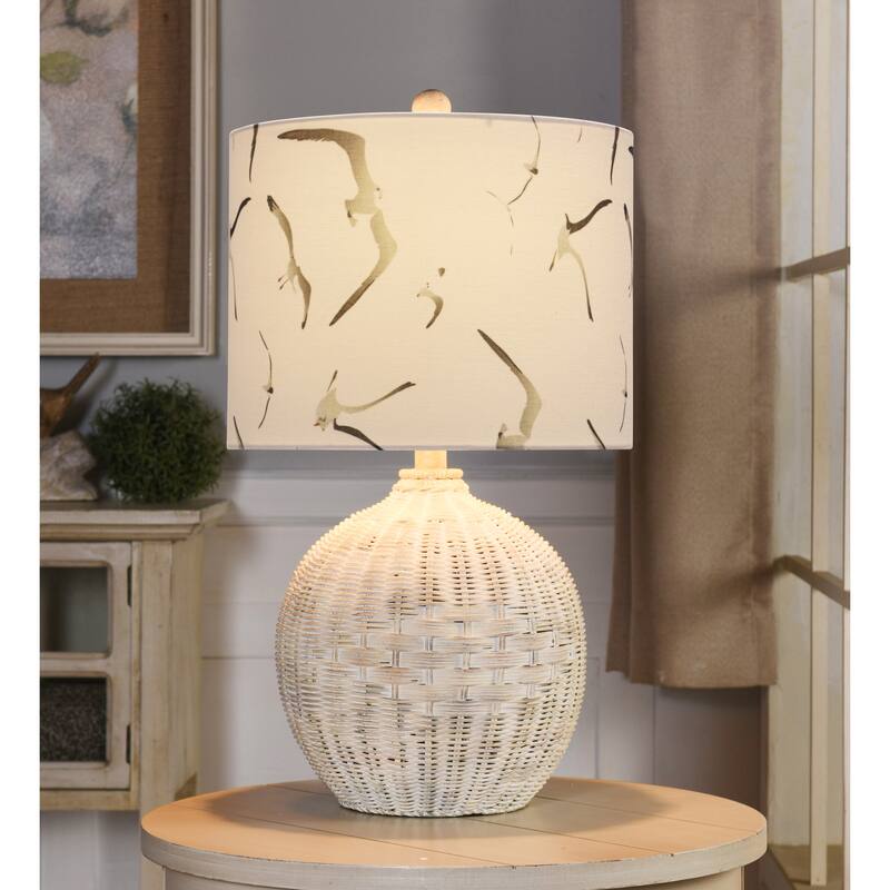 Piper's Harbor Rattan Table Lamp - Whitewash Finish - Seagull Print Shade