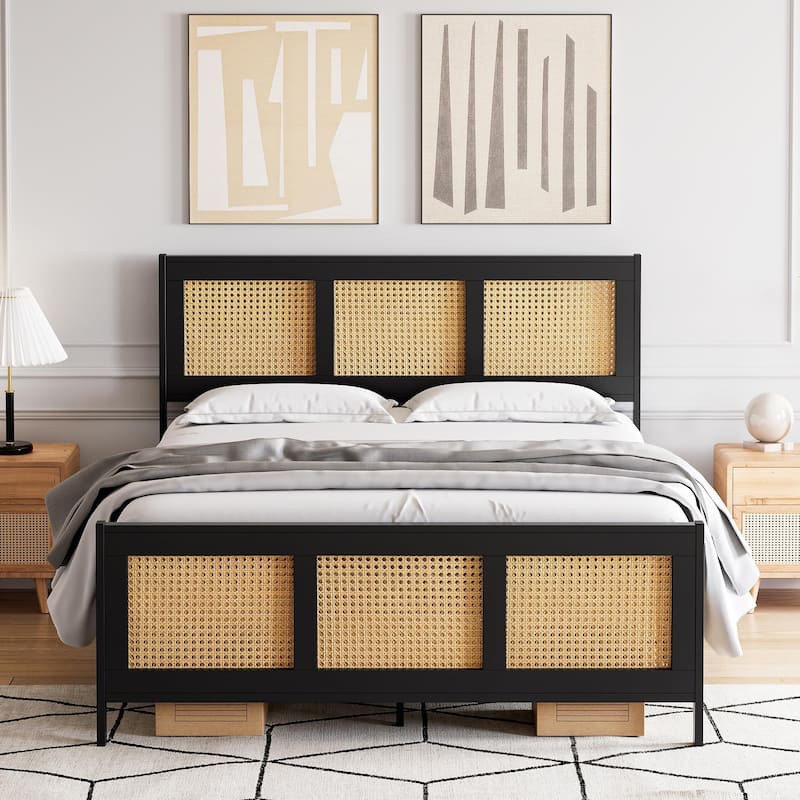 Black Bed Frame with Rattan Headboard and Footboard - Queen