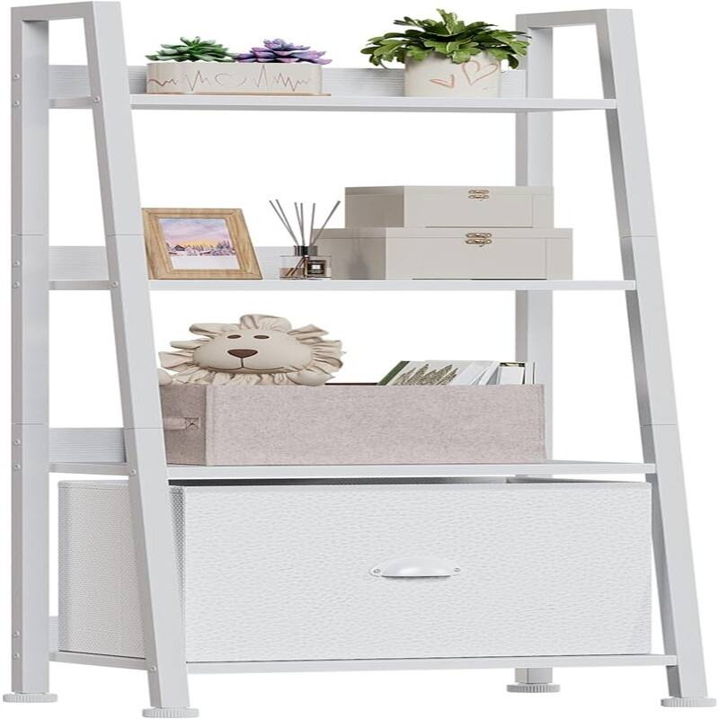 4 Tier Ladder Shelf Ladder Bookshelf with Removable Drawer Bookcase Storage Rack Organizer - White - 11.42"D x 16.53"W x 43.31"H