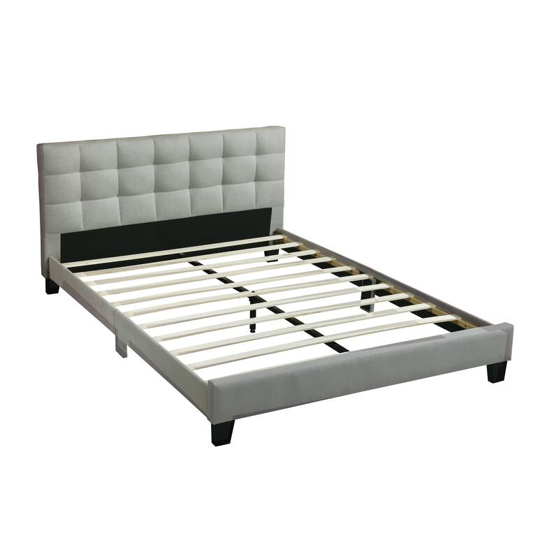 Queen Size Platform Bed with Tufted Upholstered Headboard, Light Gray Polyfiber, Modern Design