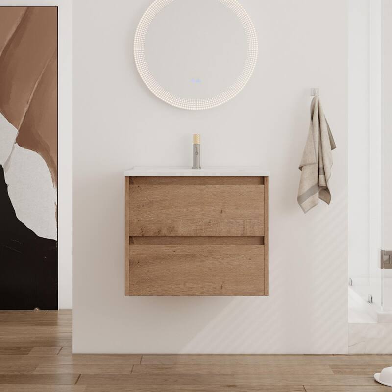 ARTCHIRLY 24/30 Inch Bathroom Vanity with Sink, Floating Bathroom Vanity with 2 Soft Close Drawers - Imitative Oak - 24''W×18.3''D×20.5''H
