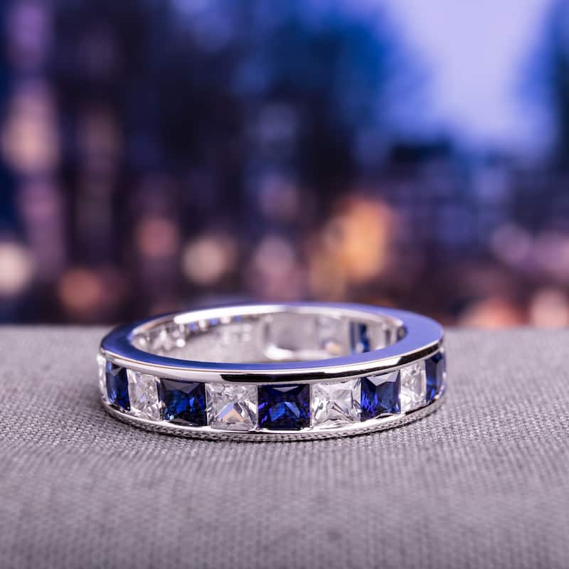 Miadora Sterling Silver 2 1/3ct TGW Square-cut Created Blue and White Sapphire Stackable Anniversary