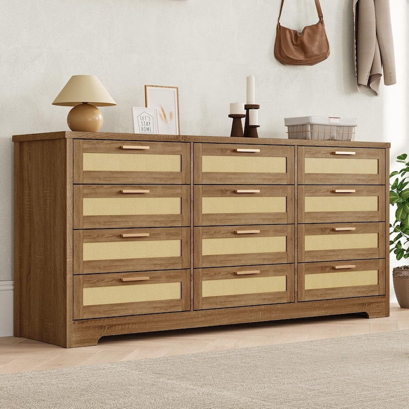 12 Drawer Dresser for Bedroom, Modern Farmhouse Rattan Chest of Drawers with Handles, Wood Dresser for Closet