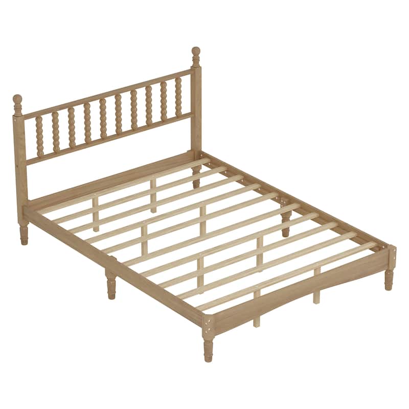 Natural Wood Queen Platform Bed with Curved Gourd Headboard, Vintage-Inspired Frame with Sturdy Slat Support