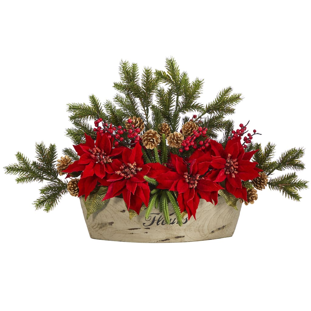 25" Poinsettia, Succulent and Pine Artificial Arrangement in Decorative Vase - 18