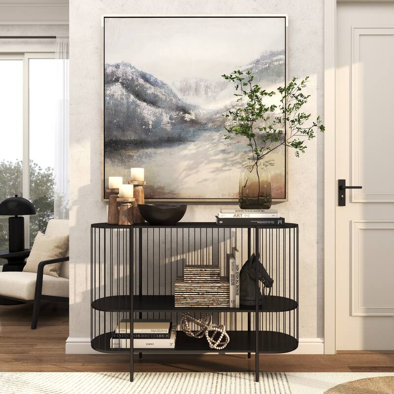 Metal Narrow Oval 2 Shelf Console Table with Open Wire Frame - Black - Roche River Decor