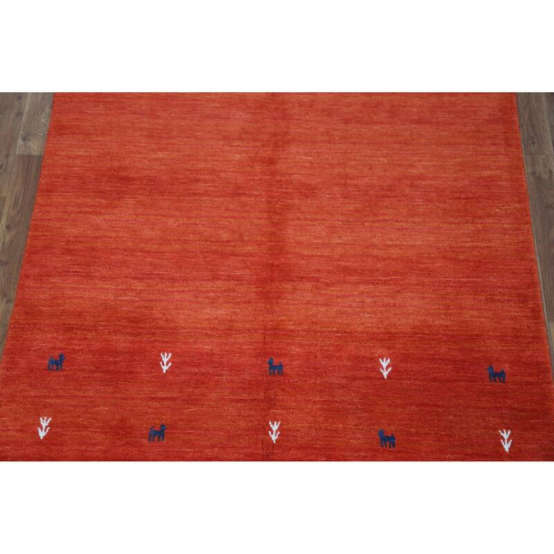 Orange Tribal Gabbeh Indian Rug Hand-Knotted Wool Carpet - 4'7" x 6'6"