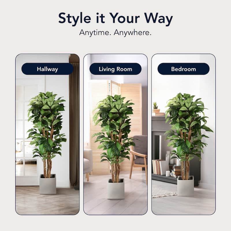 American Art Decor Artificial Coffee Tree in Cement Pot Faux Plant for Home or Office - 60"