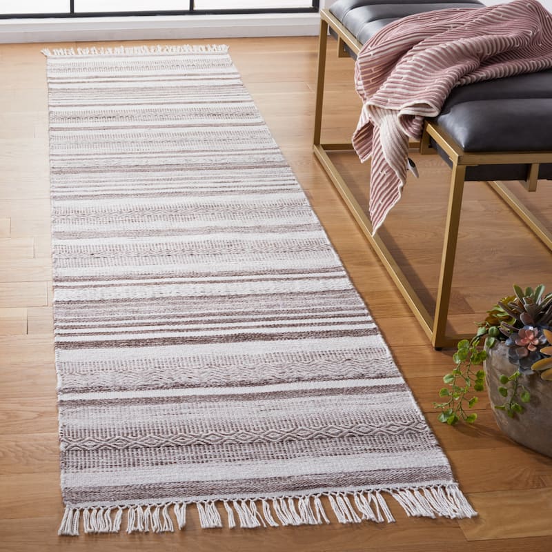 SAFAVIEH Striped Kilim Gudrun Boho Fringe Rug - 2'3" x 9' Runner - Brown/Ivory