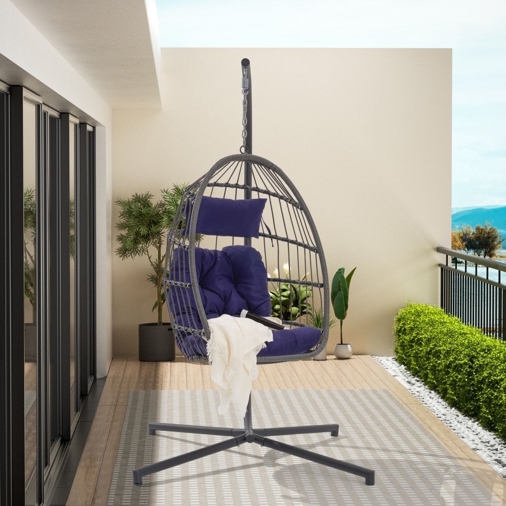 1 Person Gray Metal Porch Swing Egg Chair with Stand and Cushion On Sale Bed Bath Beyond 39828702