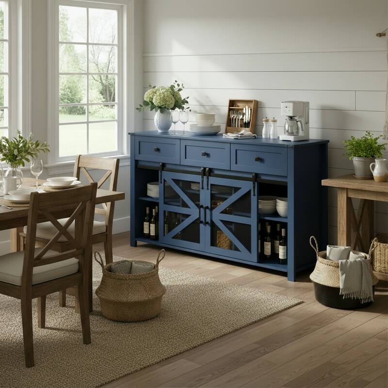Sliding Barn Door Sideboard with 3 Drawers and Adjustable Shelves, Buffet Cabinet with Metal Mesh and Aluminum Handles