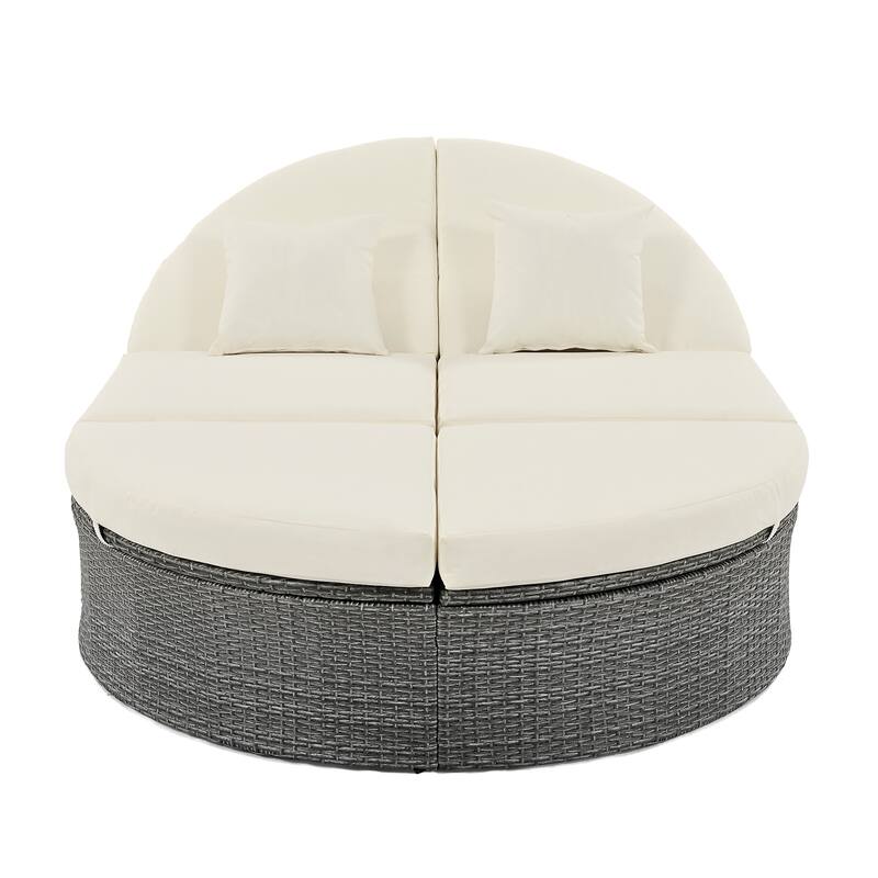 Outdoor Patio Rattan Round Daybed Sunbed with Adjustable Backrests and Foldable Cup Trays