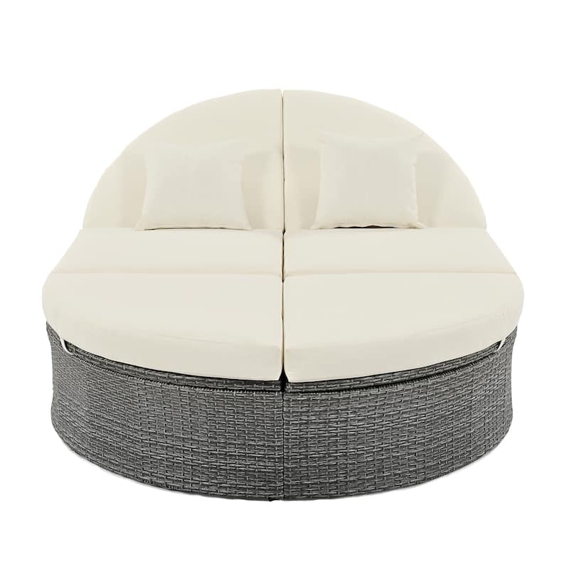 Rattan Patio 2-Person Daybed, Outdoor Sun Bed with Cushions and Pillows, Recliner with Adjustable Back and Foldable Cup Trays