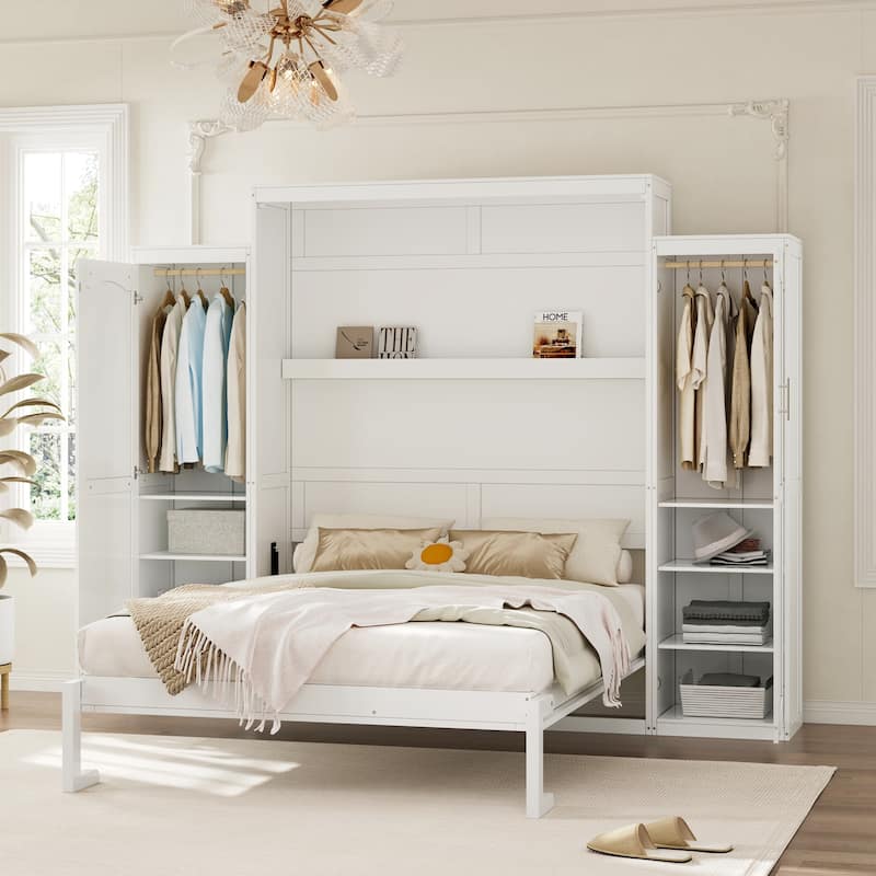 Full/Queen Size Murphy Bed, Wood Wall Murphy Bed with Two Closets and Shelves, Foldable Platform Bed Frame with Wooden Slats