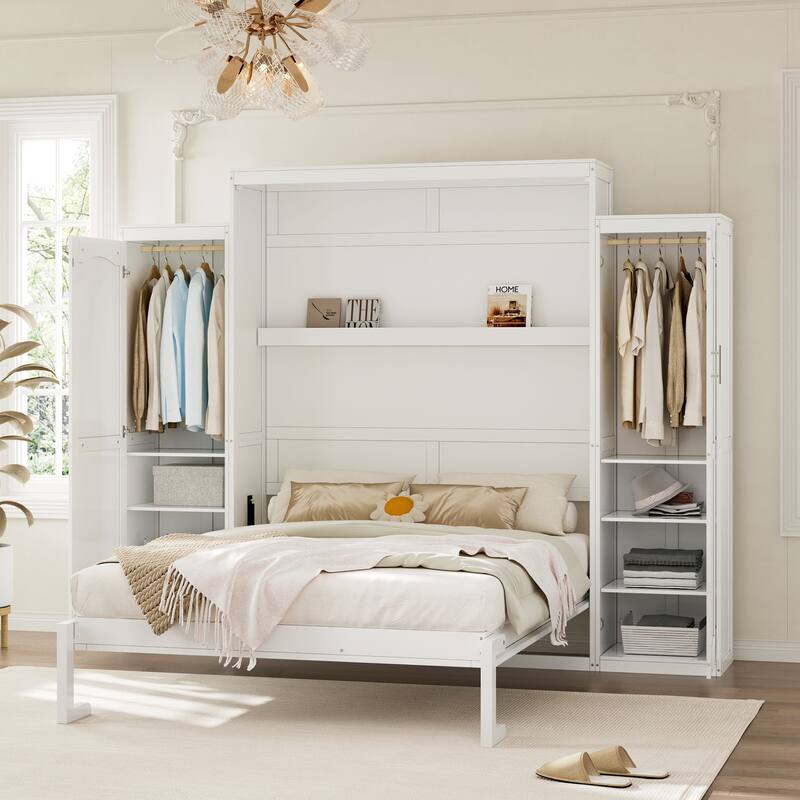 Wooden Foldable Murphy Bed Frame with 2 Wardrobe, Storage Shelf on Headboard, Pine Wood Platform Bedframe
