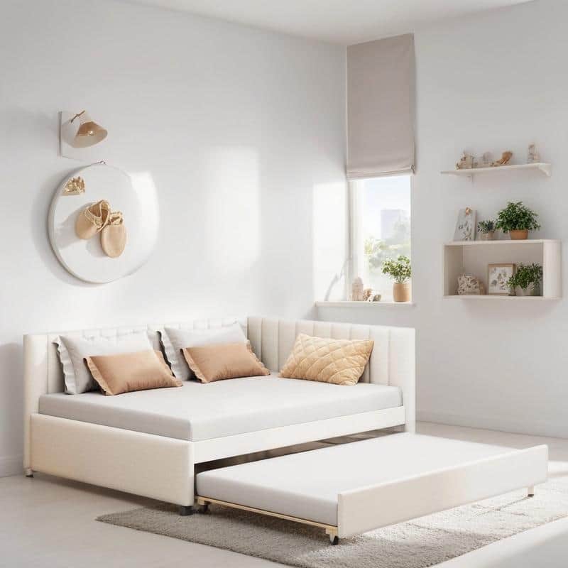 Full Size Upholstered Daybed with Trundle, Sofa Bed Frame with Support Legs, No Box Spring Needed, Linen Fabric, Beige