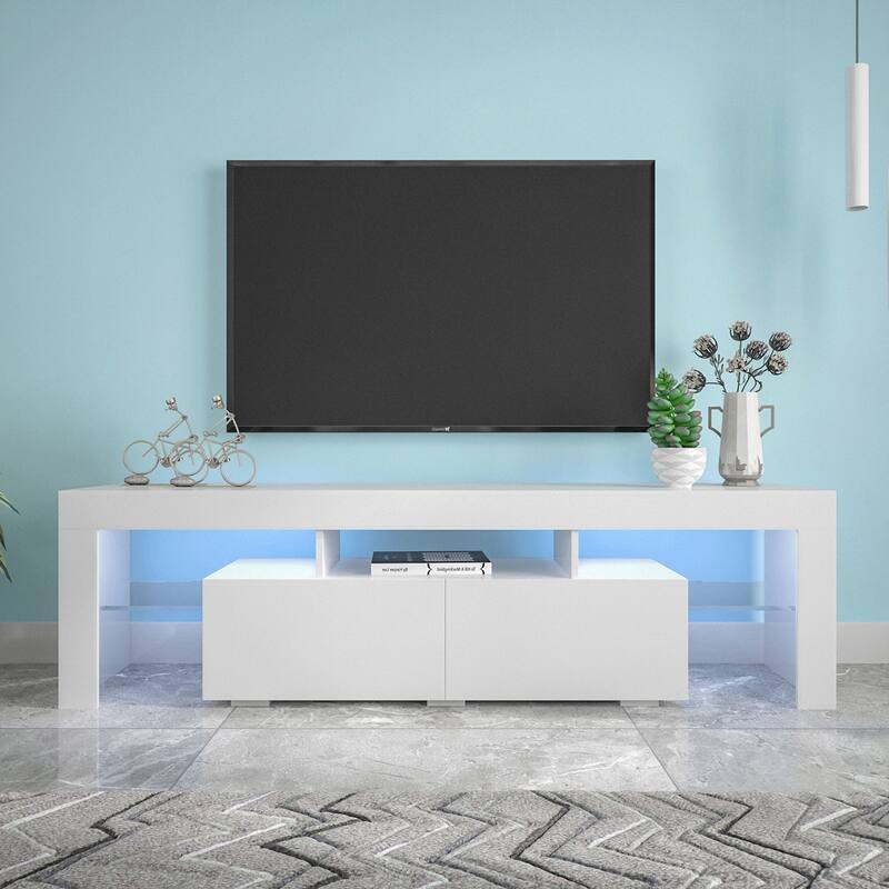 Anmytek Modern High Gloss White TV Stand with LED Lights for 55 inch TV Entertainment Center Storage Cabinet