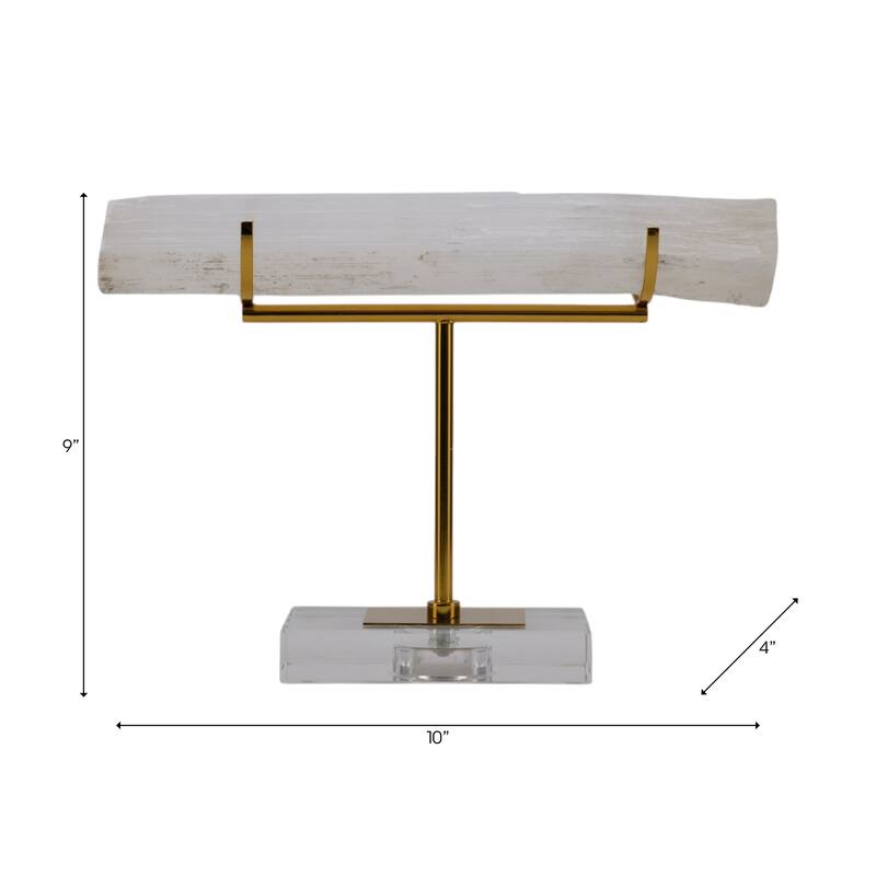 Selenite Stone Log Statuary with Metal Accents and Acrylic Base