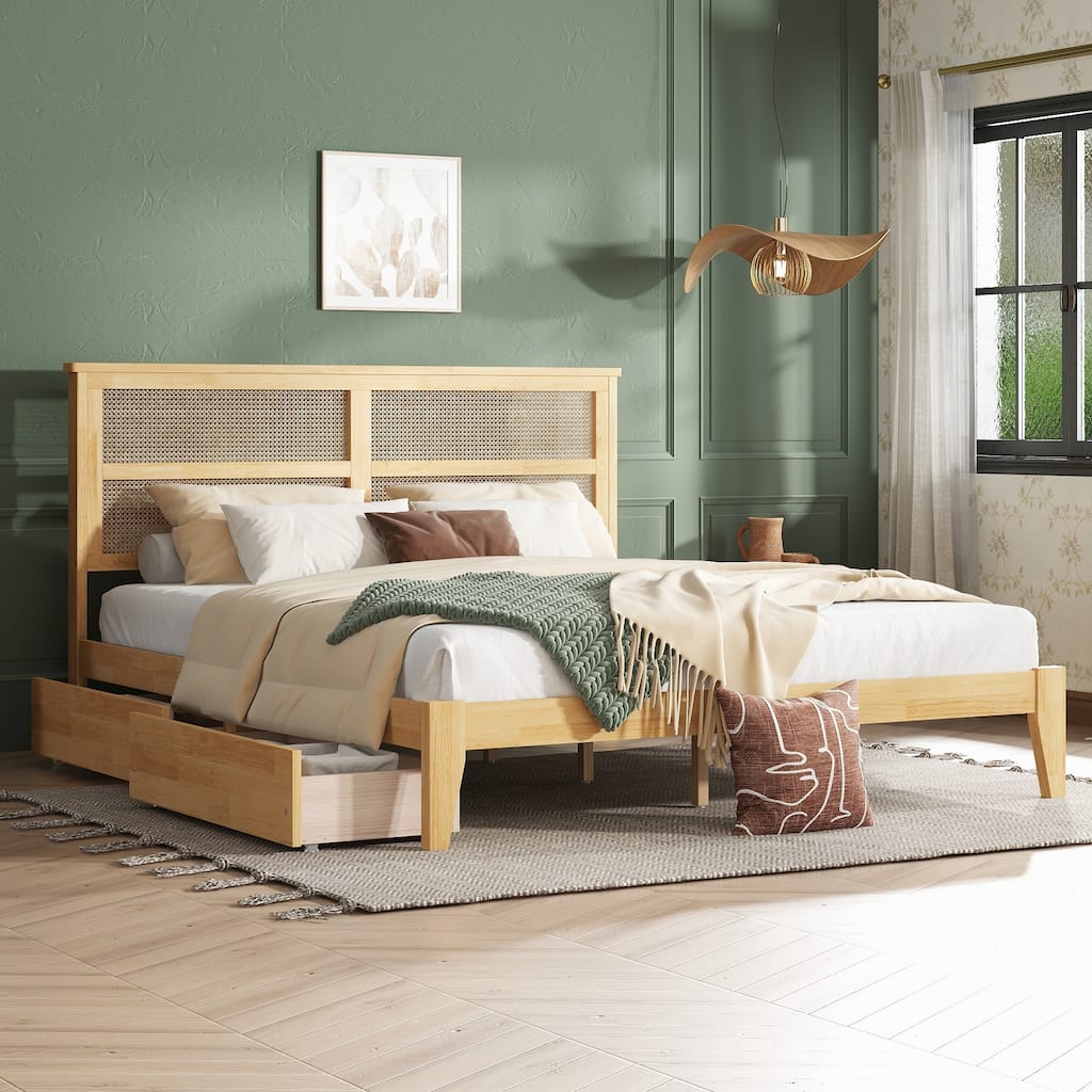Queen Size Platform Bed with Rattan Headboard, 2 Underbed Storage Drawers, Solid Rubber Wood Frame