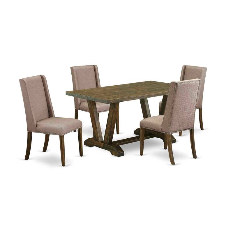 HomeStock 5-Piece Rectangle Distressed Jacobean Finish Solid Wood Top Dining Table with 4 Upholstered-Chairs with Lattice Back