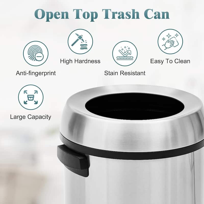 65L/17Gal Open Top Trash Can, Heavy Duty Stainless Steel Rubbish Bin