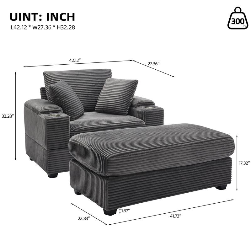 Corduroy Sofa Sets with Ottoman, Handrail Storage and Cup Holders